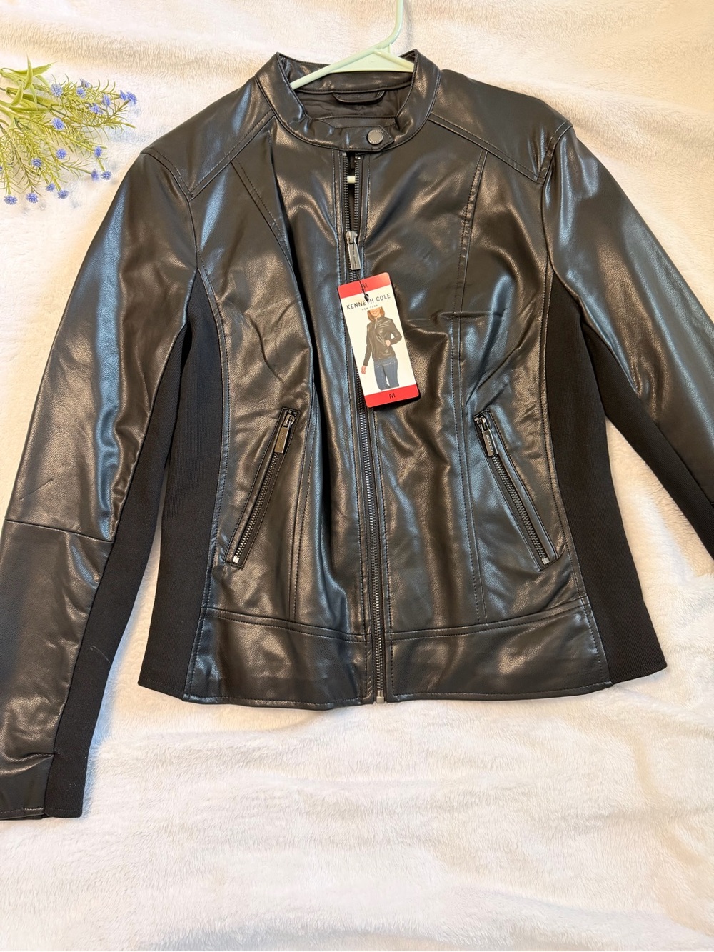 Kenneth Cole Black Faux Leather Moto Jacket with Stretch Panels